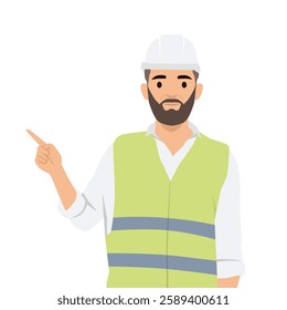 Construction worker wearing hard hat and a reflective safety vest, pointing and giving instructions. Flat vector illustration isolated on white background