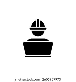 Construction worker wearing a hard hat and working on a laptop. Represents construction, engineering, development, and related professions. Clean, modern, and suitable for various design applications
