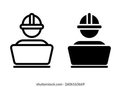 Construction worker wearing a hard hat and working on a laptop. Represents construction, engineering, development, and related professions. Clean, modern, and suitable for various design applications