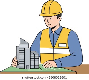 A construction worker wearing a hard hat and safety vest analyzes a small building model on a table, displaying focus and attention to detail in the design process.