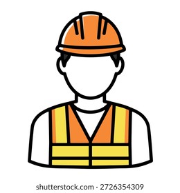 Ein Bauarbeiter, der einen harten Hut und eine Sicherheitsweste trägt, ist in einem einfachen Grafikstil dargestellt	
