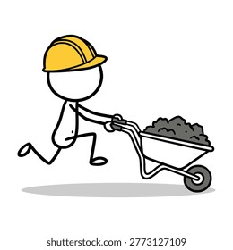 A construction worker wearing a hard hat pushes a wheelbarrow filled with dirt on a building site