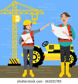 construction worker wearing helmet safety in front background crane tractor building