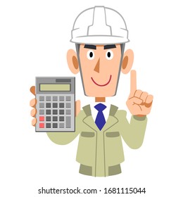 Trabajador de la construcción con casco que muestra y explica una calculadora