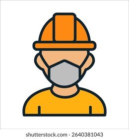 A construction worker wearing an orange hard hat and a gray mask focuses on site tasks, ensuring safety and compliance. The worker's attire is bright and practical for the job environment.