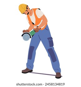 Construction Worker Wearing An Orange Safety Vest, Yellow Hard Hat And Work Pants Holding A Power Tool, Likely A Grinder Or Saw, Perform Construction Tasks On The Job Site. Cartoon Vector Illustration