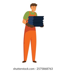Construction worker wearing orange uniform and gloves holding heavy concrete plates for building