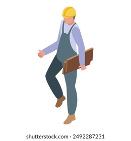 Construction worker wearing overalls and a hardhat is walking while carrying wooden planks