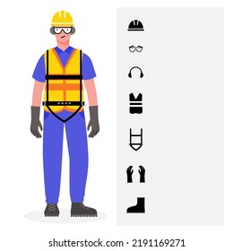 A construction worker wearing personal protective equipment with equipment and supplies icon set. flat vector illustration.