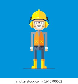 Construction worker wearing protective equipment. Safety dust mask, ear muff, vest, google glass, hard hat and shoes. 