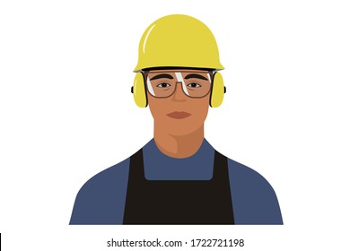 Construction Worker Wearing Protective Helmet, Glasses And Earmuffs; Front Portrait Illustration.