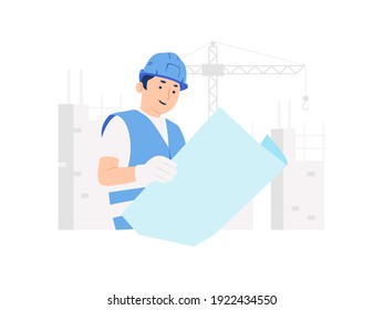Bauarbeiter mit Sicherheitshelm und Sicherheitshandschuhen, der Bauplan auf Baustelle untersucht