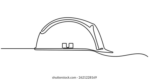 Trabalhador de construção usando um capacete de segurança desenho contínuo de uma linha. Ferramentas de segurança para construção. Desenho contínuo de uma linha de trabalho conceito minimalista para dias de trabalho. Ilustração vetorial.