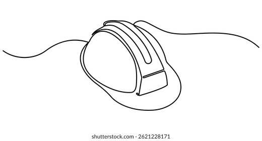Trabalhador de construção usando um capacete de segurança desenho contínuo de uma linha. Ferramentas de segurança para construção. Desenho contínuo de uma linha de trabalho conceito minimalista para dias de trabalho. Ilustração vetorial.