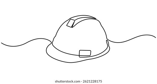 Trabalhador de construção usando um capacete de segurança desenho contínuo de uma linha. Ferramentas de segurança para construção. Desenho contínuo de uma linha de trabalho conceito minimalista para dias de trabalho. Ilustração vetorial.