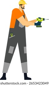 Bauarbeiter, der Uniform und Harthut trägt, mit schnurlosem Bohrer auf weißem Hintergrund, der die Bauindustrie, die Verbesserung der Wohnsituation und qualifizierte Arbeitskräfte repräsentiert