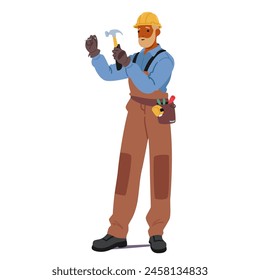 Construction Worker Wearing A Yellow Hard Hat, Holding A Hammer And Carrying A Toolbelt. Handyman Character Perform Carpentry Or Repair Tasks On A Construction Site. Cartoon People Vector Illustration