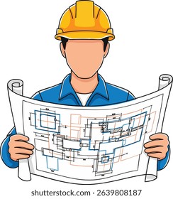 Construction Worker Wearing a Yellow Hard Hat Examining Building Blueprints