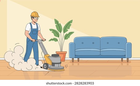 Construction worker wearing yellow hard hat operates floor polishing machine near blue sofa and green potted plant.