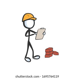Construction worker wearing yellow safety helmet. Developement building plan. Hand drawn. Stickman cartoon. Doodle sketch, Vector graphic illustration