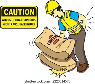 a construction worker wearing a yellow vest has an injury in his lower back. he is lifting heavy objects with incorrect lifting techniques or posture. he is grimacing in pain while holding his hip 