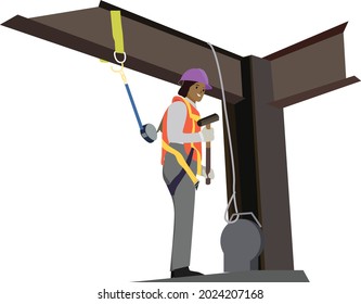 construction worker welding above height and wearing safety rope. industrial, technicians builders, building, residential, cityscape. Vector flat illustration