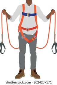 construction worker welding above height and wearing safety rope. industrial, technicians builders, building, residential, cityscape. Vector flat illustration