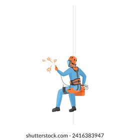 Construction worker welding at height, welder man in helmet and uniform hanging high vector illustration