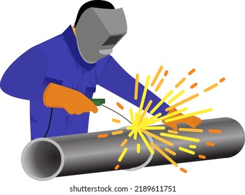 construction worker welding, welder work in factory, welder in workshop, manufacture industry, vector graphic illustration, flat icon for website