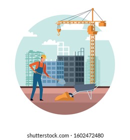 construction worker and wheel barrow over under construction and white background, colorful design, vector illustration
