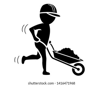 Construction worker with wheelbarrow / Black and white / Flat Design / Vector / Icon