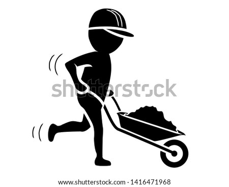 Construction worker with wheelbarrow / Black and white / Flat Design / Vector / Icon