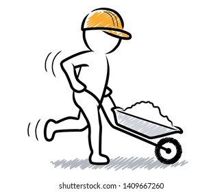 Construction worker with wheelbarrow / Contour vector drawing