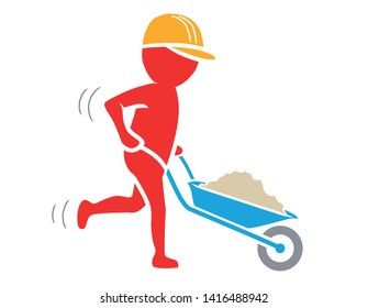 Construction worker with wheelbarrow / Flat Design / Vector / Icon