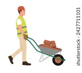 Construction worker with wheelbarrow. Man carrying loader with goods at warehouse. Transportation carrying on cart. Flat vector illustration isolated on white background