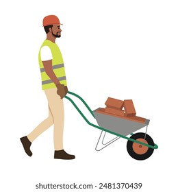 Trabajador de la construcción con carretilla. Hombre llevando cargador con mercancías en almacén. Ilustración vectorial plana aislada sobre fondo blanco