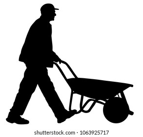 Construction worker with wheelbarrow vector silhouette illustration. Man carrying loader with goods at warehouse. Transportation carrying on cart vector. Worker with empty cart. Farmer pushing cart.