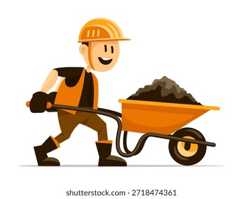 Trabajador de la construcción con carretilla que trabaja en el sitio de construcción de la construcción de la casa. Personaje de dibujos animados de trabajo en un casco. Ilustración vectorial aislada.