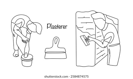 A construction worker who applies plaster to walls, ceilings and other surfaces. Plaster is used for leveling, strengthening and decorative finishing of surfaces. Plasterer's work.