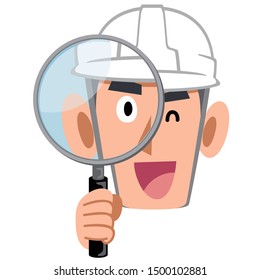 A construction worker who looks into a magnifying glass and smiles, a man wearing a helmet