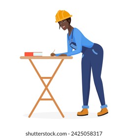 Construction worker woman in hard hat standing at wooden table to write vector illustration