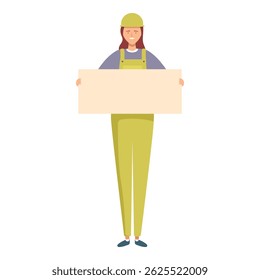 Construction worker woman holding big blank banner smiling showing empty poster board advertising new building project