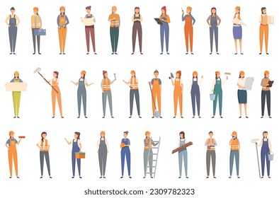 Iconos de las trabajadoras de la construcción establecen el vector de dibujos animados. Trabajador de ingeniería. Trabajo de la gente