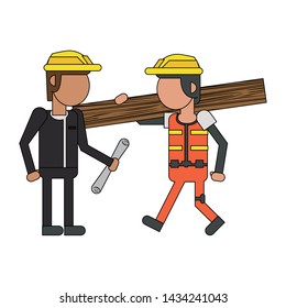 Construction worker with wooden plank and architect with plans cartoons