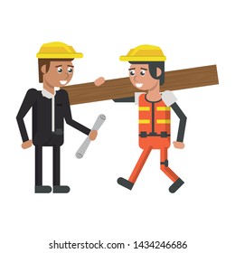 Construction worker with wooden plank and architect with plans cartoons