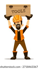 Trabajador de la construcción con caja de herramientas de madera para la construcción de la casa. Personaje de dibujos animados de trabajo en un casco. Ilustración vectorial aislada