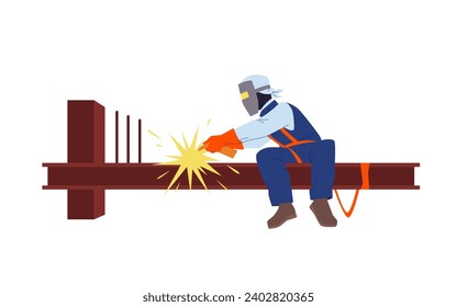 Construction worker working at height with industrial equipment vector illustration. Cartoon isolated professional rope access welder character in helmet welding metal tower and building structure