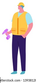 construction worker working with a screwdriver. Flat cartoon style. Concept illustration with colored characters.