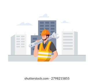 construction, worker, wrench, tool, mechanic, repair, builder, industry, industrial, job, professional, building, architecture, flat, illustration