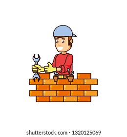 construction worker with wrench tool and wall brick